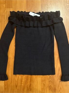 NWT White House Black Market Navy Ruffle Off-Shoulder Sweater